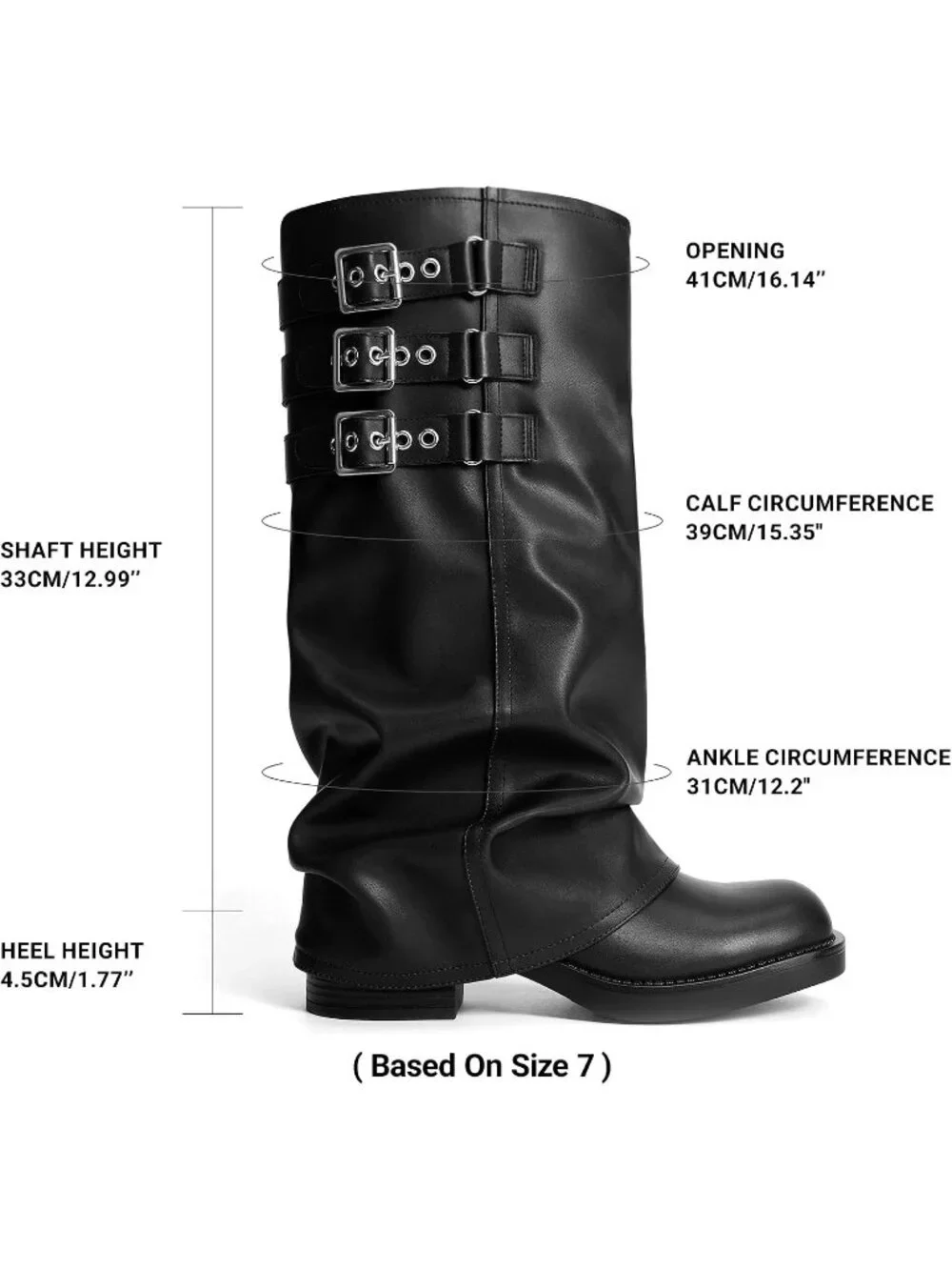 Women's Black Fashion Adjustable Buckle Low Chunky Heel Comfort Slouchy Boots